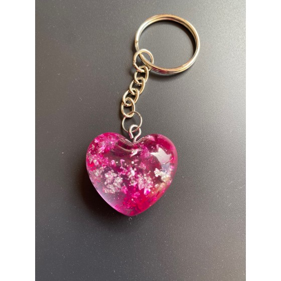 Porte-clé "Petit coeur" rose effet fumé avec des feuilles argentées