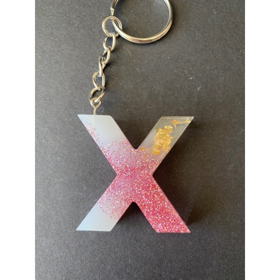 Porte-clé lettre "X" paillettes rose/feuilles d'or/blanc